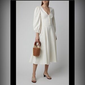STAUD Birdie Cream Button-Front Linen Midi Dress
